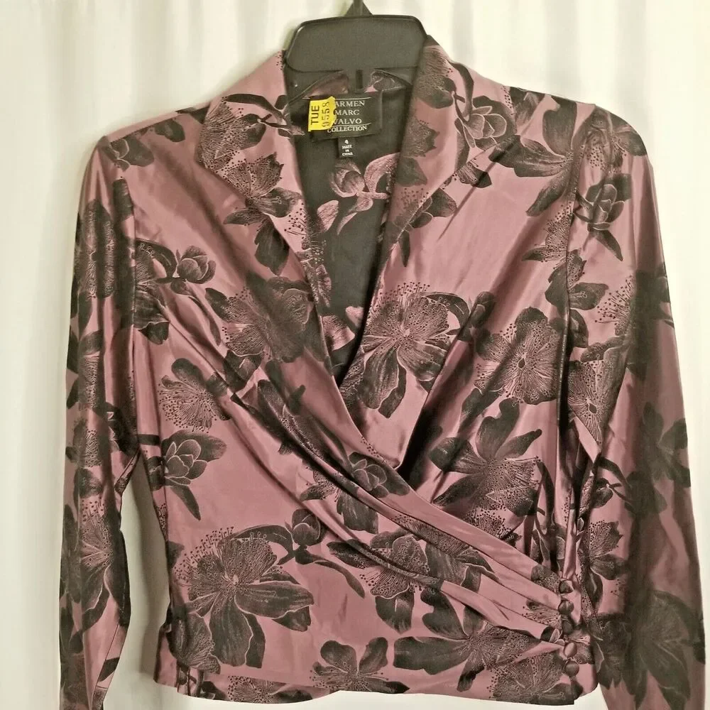 Carmen Marc Valvo Women's Top Faux Wrap V-Neck Silk Blend Long Sleeve Size 4 - Picture 2 of 7